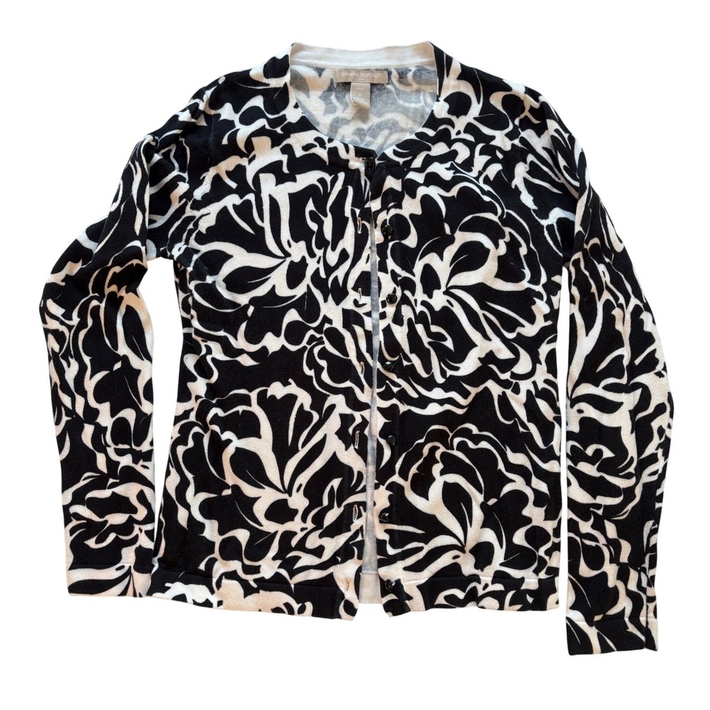 Banana Republic Petite Black‎ White Floral Print Button Front Cardigan Sweater S
